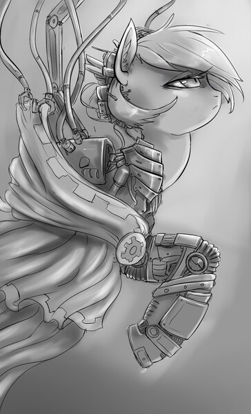 Size: 1280x2111 | Tagged: safe, artist:mod-of-chaos, derpibooru import, oc, oc:little beam, unofficial characters only, cyborg, earth pony, pony, augmented, cloak, clothes, crossover, cyberpunk, ear fluff, female, frown, futuristic, lidded eyes, mechanic, monochrome, parody, solo, techpriest, warhammer (game), warhammer 40k