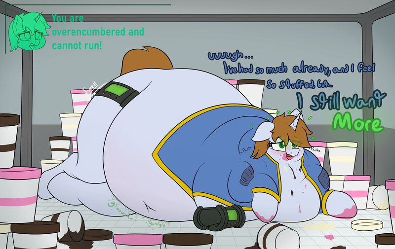 Size: 4034x2548 | Tagged: suggestive, artist:czu, derpibooru import, part of a set, oc, oc:littlepip, unofficial characters only, pony, unicorn, fallout equestria, belly, big belly, butt, commission, dialogue, donut, ear fluff, eating, fat, fatlout equestria, female, fetish, food, huge belly, huge butt, hypnosis, ice cream, impossibly large belly, impossibly large butt, large belly, large butt, mare, not so little pip, part of a series, pipbuck, solo, stomach noise, tech control, this will end in weight gain, weight gain, weight gain sequence