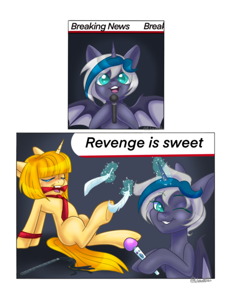 Size: 1107x1452 | Tagged: suggestive, artist:wicked-red-art, derpibooru import, oc, oc:elizabat stormfeather, oc:tippy toes, unofficial characters only, alicorn, bat pony, bat pony alicorn, pony, unicorn, alicorn oc, arm behind back, bat pony oc, bat wings, blank flank, bondage, cleave gag, cloth gag, commission, erotic tickling, eyes closed, feather, female, females only, femdom, femsub, fetish, gag, glowing horn, grin, hitachi wand, hoof fetish, hoof hold, hoof tickling, horn, magic, microphone, necktie, one eye closed, open mouth, raised hoof, revenge, sex toy, simple background, smiling, submissive, tickle fetish, tickle torture, tickling, transparent background, underhoof, vibrator, whip, wings, wink