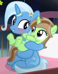 Size: 1200x1540 | Tagged: safe, artist:grapefruitface1, derpibooru import, trixie, oc, oc:limey lulamoon, pony, unicorn, base used, duo, female, filly, freckles, hairpin, horn, horn ring, hug, jewelry, looking at each other, mother and child, mother and daughter, offspring, older, older trixie, parent:oc:grapefruit face, parent:trixie, parents:canon x oc, parents:grapexie, ring, simple background, transparent background, wedding ring