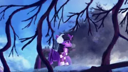 Size: 1920x1080 | Tagged: safe, artist:hierozaki, derpibooru import, twilight sparkle, twilight sparkle (alicorn), alicorn, pony, clothes, earmuffs, female, mare, scarf, snow, solo, striped scarf, tree