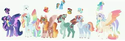 Size: 6843x2280 | Tagged: safe, artist:scarletskitty12, derpibooru import, big macintosh, coco pommel, double diamond, flash magnus, princess celestia, rainbow dash, twilight sparkle, oc, alicorn, earth pony, pegasus, pony, clothes, colored hooves, colored wings, magical lesbian spawn, multicolored hair, multicolored wings, offspring, parent:big macintosh, parent:coco pommel, parent:double diamond, parent:flash magnus, parent:princess celestia, parent:rainbow dash, parent:twilight sparkle, parents:cocodash, parents:dashlestia, parents:dashmagnus, parents:doubledash, parents:rainbowmac, parents:twidash, rainbow hair, rainbow wings, simple background, socks (coat marking), uniform, watermark, white background, wings, wonderbolt trainee uniform