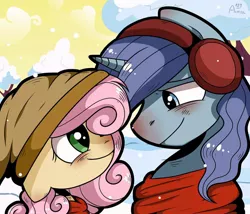 Size: 1080x926 | Tagged: safe, artist:princessesmeraldaofficial, derpibooru import, oc, unofficial characters only, earth pony, pony, unicorn, blushing, clothes, cloud, earmuffs, earth pony oc, hat, horn, looking at each other, oc x oc, outdoors, scarf, shipping, smiling, snow, unicorn oc