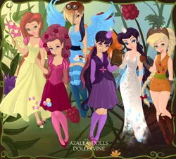 Size: 660x600 | Tagged: safe, artist:annemarie1986, artist:azaleasdolls, derpibooru import, applejack, fluttershy, pinkie pie, rainbow dash, rarity, twilight sparkle, fairy, human, apple, barely eqg related, book, boots, clothes, cowboy hat, crossover, disney, disney style, dolldivine, dress, ear piercing, earring, fairies, fairies are magic, fairyized, fairy wings, flower, flower in hair, food, gloves, glowing horn, goggles, hat, high heel boots, high heels, horn, humanized, jewelry, mane six, necklace, piercing, pixie scene maker, shoes, wings