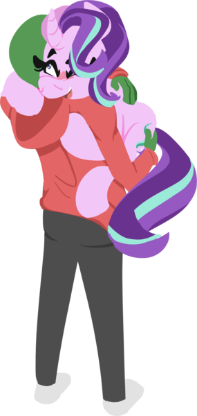 Size: 1181x2489 | Tagged: artist:zvn, blushing, clothes, derpibooru import, hoodie, hug, oc, oc:anon, safe, simple background, starlight glimmer, transparent background