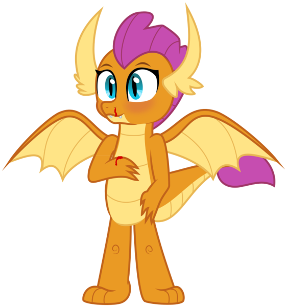 Size: 742x792 | Tagged: safe, artist:byteslice, derpibooru import, smolder, dragon, blood, blushing, dragoness, female, nosebleed, simple background, smiling, solo, spread wings, standing, svg, .svg available, transparent background, vector, wings