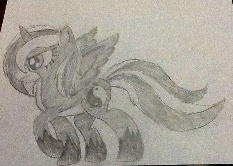 Size: 791x563 | Tagged: safe, artist:juliet-gwolf18, derpibooru import, oc, oc:juliet, unofficial characters only, alicorn, pony, alicorn oc, base used, eyelashes, grayscale, hoof shoes, horn, monochrome, raised hoof, solo, traditional art, wings, yin-yang