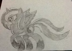 Size: 791x563 | Tagged: safe, artist:juliet-gwolf18, derpibooru import, oc, oc:juliet, unofficial characters only, alicorn, pony, alicorn oc, base used, eyelashes, grayscale, hoof shoes, horn, monochrome, raised hoof, solo, traditional art, wings, yin-yang