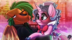 Size: 3840x2160 | Tagged: safe, artist:brainiac, derpibooru import, oc, oc:atom smasher, oc:candy chip, cyborg, pegasus, pony, unicorn, the sunjackers, cute, cyberpunk, female, lesbian, mare, ocbetes, pinkies gala dress