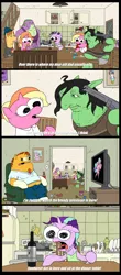 Size: 2400x5455 | Tagged: 4 panel comic, alcohol, artist:pony quarantine, a shirt, beer, bottle, cabinet, carrot, cd, chair, clothes, comic, derpibooru import, dishes, dvd player, fat, firelight, fluryheart, food, gem, glass, gun, handgun, implied siblings, kitchen, light, luster dawn, oc, oc:anon-mare, oven, pan, picture frame, plate, pot, princess celestia, recliner, revolver, river song (character), screen door, semi-grimdark, shirt, smiling friends, spike, starlight glimmer, sunburst, television, text, water, weapon, wine