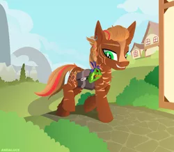 Size: 2977x2596 | Tagged: artist:andaluce, bag, derpibooru import, fairy dragon, hybrid, lineless, oc, oc:aero, original species, pet, saddle bag, safe, scenery, smiling, unofficial characters only, zebra, zony