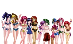 Size: 5000x3010 | Tagged: safe, alternate version, artist:mauroz, derpibooru import, apple bloom, applejack, fluttershy, pinkie pie, rainbow dash, rarity, sci-twi, scootaloo, spike, sunset shimmer, sweetie belle, twilight sparkle, human, equestria girls, absurd file size, anime, belly button, bikini, breasts, busty applejack, busty fluttershy, busty pinkie pie, busty rarity, busty sunset shimmer, busty twilight sparkle, cleavage, clothes, cutie mark crusaders, dress, female, group, humane five, humane seven, humane six, humanized, male, mane seven, mane six, midriff, one-piece swimsuit, open-back swimsuit, palindrome get, shipping, simple background, spikebelle, straight, striped swimsuit, suit, swimsuit, transparent background