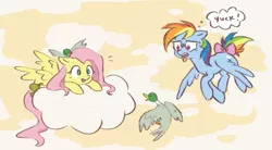 Size: 599x330 | Tagged: safe, artist:fizpup, derpibooru import, fluttershy, rainbow dash, bird, duck, pegasus, pony, bleh, bow, cloud, cute, duo, female, flying, looking at someone, mare, on a cloud, open mouth, shyabetes, sky, smiling, speech bubble, spread wings, tail bow, tongue out, varying degrees of amusement, wings, yuck
