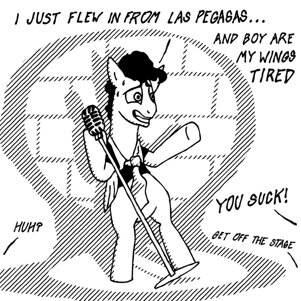 Size: 4000x4000 | Tagged: safe, artist:billneigh, derpibooru import, pegasus, pony, black and white, club, comedian, comic, grayscale, heckler, joke, lineart, male, microphone, monochrome, nervous, spotlight, stallion, sweat