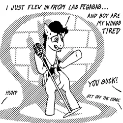 Size: 4000x4000 | Tagged: safe, artist:billneigh, derpibooru import, pegasus, pony, black and white, club, comedian, comic, grayscale, heckler, joke, lineart, male, microphone, monochrome, nervous, spotlight, stallion, sweat