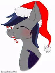 Size: 720x960 | Tagged: safe, artist:demonwithapen, derpibooru import, oc, oc:echo, unofficial characters only, bat pony, pony, bat pony oc, bat wings, candy, candy cane, christmas, commission, digital art, eyes closed, female, food, hat, holiday, mare, santa hat, simple background, smiling, solo, white background, wings, ych result