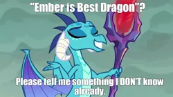 Size: 1280x718 | Tagged: best dragon, bloodstone scepter, caption, derpibooru import, dragon, dragon lord ember, edit, edited screencap, female, gauntlet of fire, princess ember, safe, screencap, solo, text