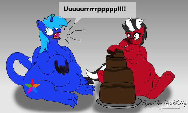 Size: 1280x771 | Tagged: suggestive, artist:lynnthenerdkitty, derpibooru import, oc, oc:blue blaze, oc:shatter misty cloud, dracony, dragon, hybrid, pegasus, pony, belly, big belly, burp, cake, couple, dracony alicorn, duo, fat, food, gift art, obese, shatter (transformers), stuffed, stuffing, transformers, weight gain