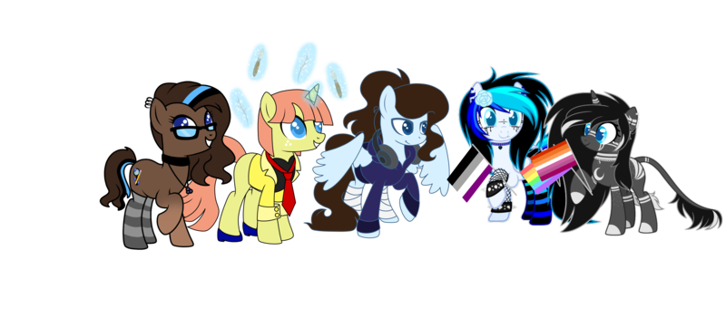 Size: 4305x1944 | Tagged: safe, artist:aestheticallylithi, artist:kb-gamerartist, derpibooru import, oc, oc:abella, oc:blueberry oatmeal, oc:krissy, oc:lithium, oc:tippy toes, unofficial characters only, pegasus, pony, unicorn, derpibooru community collaboration, 2021 community collab, asexual, asexual pride flag, bandage, blank flank, bracelet, brush, choker, clothes, coat, corset, ear piercing, earring, feather, female, flag, flower, flower in hair, freckles, gay pride flag, glasses, glowing horn, grin, headphones, high heels, hoodie, horn, jewelry, leonine tail, lesbian pride flag, levitation, lip piercing, magic, makeup, mare, markings, mascara, multicolored hair, necklace, necktie, paintbrush, piercing, pride, pride flag, raised hoof, rose, shoes, simple background, smiling, socks, spiked wristband, spread wings, striped socks, tape, telekinesis, transparent background, wall of tags, wings, wristband