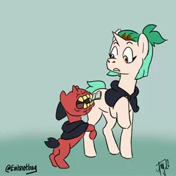 Size: 3000x3000 | Tagged: safe, artist:evilsnotbag, derpibooru import, ponified, demon, pony, unicorn, amity blight, book, colt, female, filly, foal, hug, male, monster, scene interpretation, the owl house