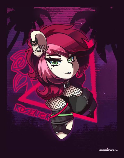 Size: 2346x3000 | Tagged: artist:ciderpunk, clothes, cybergoth, cyberpunk, derpibooru import, ear piercing, earring, fishnets, glowstick, jewelry, piercing, retrowave, roseluck, safe, synthwave