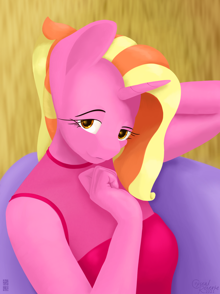 Size: 1800x2400 | Tagged: safe, artist:alicorn-without-horn, derpibooru import, luster dawn, anthro, unicorn, arm behind head, bust, clothes, looking at you, solo