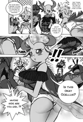 Size: 1500x2194 | Tagged: anthro, artist:boastudio, blood, blushing, breasts, busty queen mesosoma, changedling, changeling, clothes, comic, comic:hooves & fins, derpibooru import, dialogue, digital art, dragon, engrish, female, grayscale, king thorax, lingerie, male to female, mesosoma, monochrome, nosebleed, ocellus, pharynx, prince pharynx, queen mesosoma, rule 63, spike, suggestive, thorax, transformation, transgender transformation