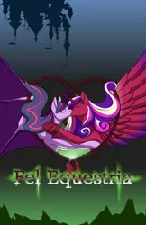 Size: 648x1000 | Tagged: safe, artist:blueberrysnow, derpibooru import, princess cadance, twilight sparkle, alicorn, demon, demon pony, original species, pony, fanfic, alternate universe, demon wings, digital art, duo, duo female, eyes closed, fanfic art, fanfic cover, female, hooves, horn, infidelity, kissing, lesbian, shipping, species swap, spread wings, twidance, wings