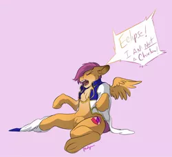 Size: 1280x1175 | Tagged: safe, artist:blueberrysnow, derpibooru import, scootaloo, oc, oc:mephia, pegasus, pony, angry, clothes, cutie mark, digital art, eyes closed, frog (hoof), furry, furry oc, furry to pony, hooves, open mouth, simple background, solo, speech bubble, spread wings, text, transformation, underhoof, wings