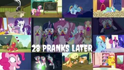 Size: 1960x1104 | Tagged: safe, derpibooru import, edit, edited screencap, editor:quoterific, screencap, apple bloom, applejack, big macintosh, carrot cake, cheerilee, cherry berry, cranky doodle donkey, cup cake, fluttershy, mochaccino, pinkie pie, pound cake, princess celestia, pumpkin cake, rainbow dash, rare find, rarity, scootaloo, spike, sweetie belle, twilight sparkle, twilight sparkle (alicorn), alicorn, dragon, earth pony, pegasus, pony, skunk, undead, unicorn, zombie, 28 pranks later, animal, chalkboard, cookie zombie, crying, cutie map, cutie mark crusaders, derp, giggling, lantern, laughing, mane six, mud, open mouth, scroll, tears of laughter, zombie apocalypse
