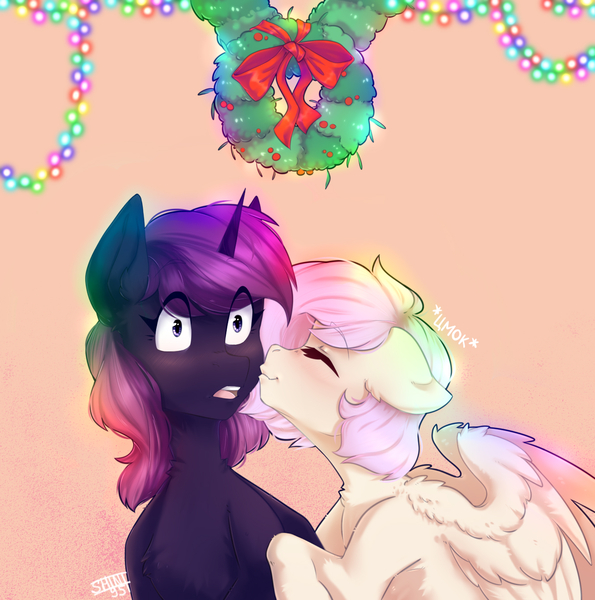 Size: 1330x1342 | Tagged: safe, artist:shini951, derpibooru import, oc, pegasus, pony, unicorn, commission, kissing, misletoe, ych result, your character here