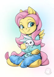 Size: 955x1351 | Tagged: angel bunny, animal, anthro, artist:mysticalpha, clothes, crossed legs, derpibooru import, fluttershy, holding, hug, looking at you, pants, pegasus, rabbit, safe, simple background, sitting, smiling, snaggletooth, solo, three quarter view, unguligrade anthro, white background, winged anthro, wings