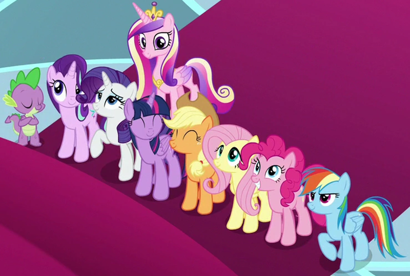 Size: 1712x1151 | Tagged: safe, derpibooru import, screencap, applejack, fluttershy, pinkie pie, princess cadance, rainbow dash, rarity, spike, starlight glimmer, twilight sparkle, twilight sparkle (alicorn), alicorn, dragon, earth pony, pegasus, pony, unicorn, school raze, cropped, crossed arms, eyes closed, mane eight, mane seven, mane six, winged spike