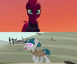 Size: 1920x1608 | Tagged: cute, derpibooru import, edit, edited screencap, female, heart eyes, male, my little pony: the movie, safe, screencap, shadow play, shipping, shipping domino, smiling, straight, stygian, stygianbetes, sunset, tempest shadow, tempgian, wingding eyes
