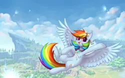 Size: 3800x2372 | Tagged: safe, artist:avrameow, derpibooru import, rainbow dash, pegasus, pony, cliff, crossover, cute, dashabetes, eye clipping through hair, female, flower, flower in hair, flying, genshin impact, jewelry, looking at you, mare, necklace, open mouth, scenery, smiling, solo, spread wings, wings