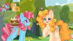 Size: 2732x1536 | Tagged: safe, artist:jennyberry, derpibooru import, screencap, cup cake, pear butter, earth pony, pony, the perfect pear, boomerang (tv channel), cake, chiffon swirl, cute, duo, female, flower, flower in hair, food, hoof on chest, mare, open mouth, pear tree, redraw, scene interpretation, tree, younger