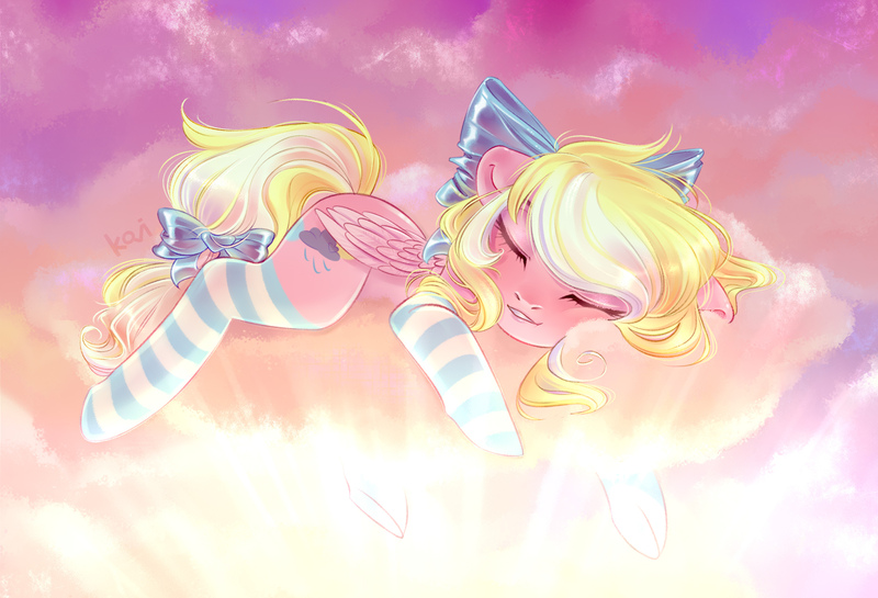 Size: 2200x1500 | Tagged: safe, artist:kovi, derpibooru import, oc, oc:bay breeze, unofficial characters only, pegasus, pony, bow, clothes, cloud, cute, female, hair bow, mare, sleeping, socks, solo, striped socks, tail bow