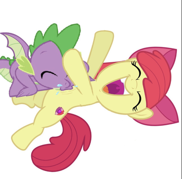 Size: 724x711 | Tagged: safe, artist:princessdestiny200i, derpibooru import, edit, vector edit, apple bloom, spike, dragon, earth pony, pony, apple bloom's bow, bow, eyes closed, female, filly, hair bow, laughing, lying down, male, on back, open mouth, raised hoof, raspberry, shipping, simple background, spikebloom, straight, tickle torture, tickling, tongue out, tummy buzz, vector, white background, winged spike