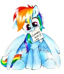 Size: 2061x2398 | Tagged: safe, artist:liaaqila, derpibooru import, rainbow dash, pegasus, pony, cute, dashabetes, female, liaaqila is trying to murder us, liaaqila is trying to murder us with dashabetes, mare, mouth hold, paper, simple background, sitting, solo, traditional art, weapons-grade cute, white background