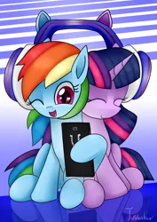 Size: 2480x3507 | Tagged: safe, artist:twidasher, derpibooru import, rainbow dash, twilight sparkle, pegasus, pony, eyes closed, female, gradient background, headphones, lesbian, listening to music, looking at you, mobile phone, one eye closed, phone, reflection, sharing headphones, shipping, signature, smartphone, smiling, twidash