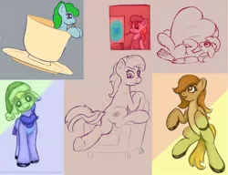 Size: 1300x1000 | Tagged: safe, artist:redquoz, derpibooru import, oc, unofficial characters only, bird, bird pone, earth pony, pegasus, pony, :p, apron, beret, bird tail, blank flank, chair, christmas, clothes, collage, colored, cup, curly mane, drawpile, earth pony oc, easel, female, flank, flying saucer, furniture, green mane, hat, heart, heart pillow, holiday, looking at you, looking back, mare, micro, paintbrush, painter, pegasus oc, pillow, santa hat, saucer, scarf, sketch, sketch dump, striped mane, tail flick, teacup, tongue out, two tone, underhoof, url, wings