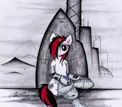 Size: 2429x2125 | Tagged: safe, artist:thechrispony, derpibooru import, oc, oc:blackjack, pony, unicorn, fallout equestria, fallout equestria: project horizons, concerned, cyber legs, fanfic art, female, hoofington, horn, level 2 (project horizons), mare, sitting, small horn, solo, traditional art