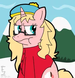 Size: 1006x1039 | Tagged: safe, artist:icecreamjaxxie, derpibooru import, oc, oc:mille feuille, unofficial characters only, pony, unicorn, back freckles, clothes, coat, crossover, eric cartman, food, freckles, glasses, ice cream, mountain, pouting, snow, solo, south park