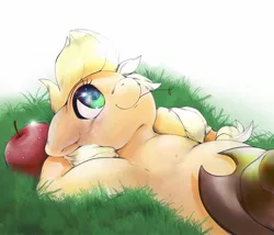 Size: 2048x1756 | Tagged: safe, artist:kurogewapony, derpibooru import, applejack, earth pony, pony, apple, applejack's hat, cowboy hat, cute, female, food, hat, hooves behind head, jackabetes, lying down, mare, resting, smiling, solo, straw in mouth, sweat