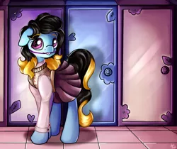 Size: 1280x1077 | Tagged: safe, artist:appleneedle, derpibooru import, oc, oc:golden voice, earth pony, pony, art, character, clothes, commission, digital, draw, drawing, fanart, locker, paint, painting, school hall, school uniform, skirt