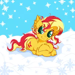 Size: 2500x2500 | Tagged: safe, artist:rurihal, derpibooru import, sunset shimmer, pony, unicorn, chest fluff, cute, ear fluff, excessive chest fluff, female, impossibly large chest fluff, shimmerbetes, snow, snowflake, solo