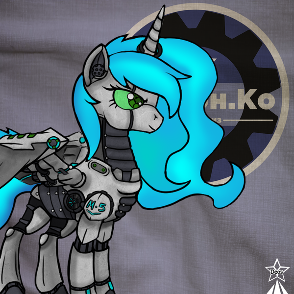 Size: 1000x1000 | Tagged: safe, artist:devorierdeos, derpibooru import, alicorn, pony, robot, robot pony, fallout equestria, artificial horn, artificial wings, augmented, cyrillic, equidroid, horn, metal, robot eye, robron.co industries, russian, wings