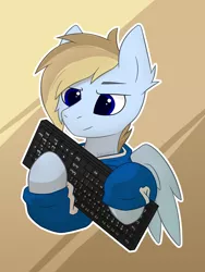 Size: 1536x2048 | Tagged: safe, artist:keupoz, derpibooru import, oc, oc:terncode, unofficial characters only, pegasus, commission, ear fluff, keyboard, simple background, solo