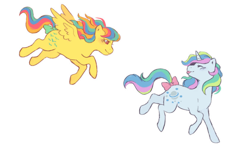 Size: 858x534 | Tagged: safe, artist:fizpup, derpibooru import, moonstone, skydancer, pegasus, pony, unicorn, blushing, bow, eyes closed, female, flying, g1, mare, running, simple background, tail bow, tongue out, transparent background, wings