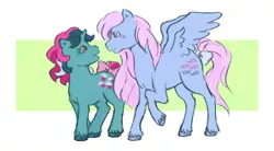 Size: 574x316 | Tagged: safe, artist:fizpup, derpibooru import, fizzy, wind whistler, pegasus, pony, unicorn, bow, female, g1, lesbian, mare, shipping, tail bow, whistlepop, wings
